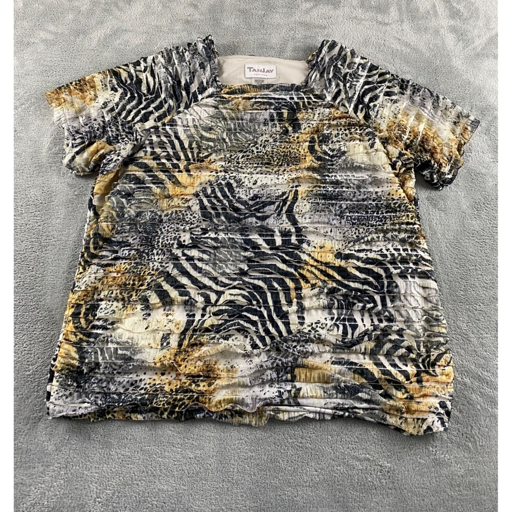 Tanjay Petites Animal Print Ruffle Tiered Blouse Black Gold Zebra‎ Leopard PL
